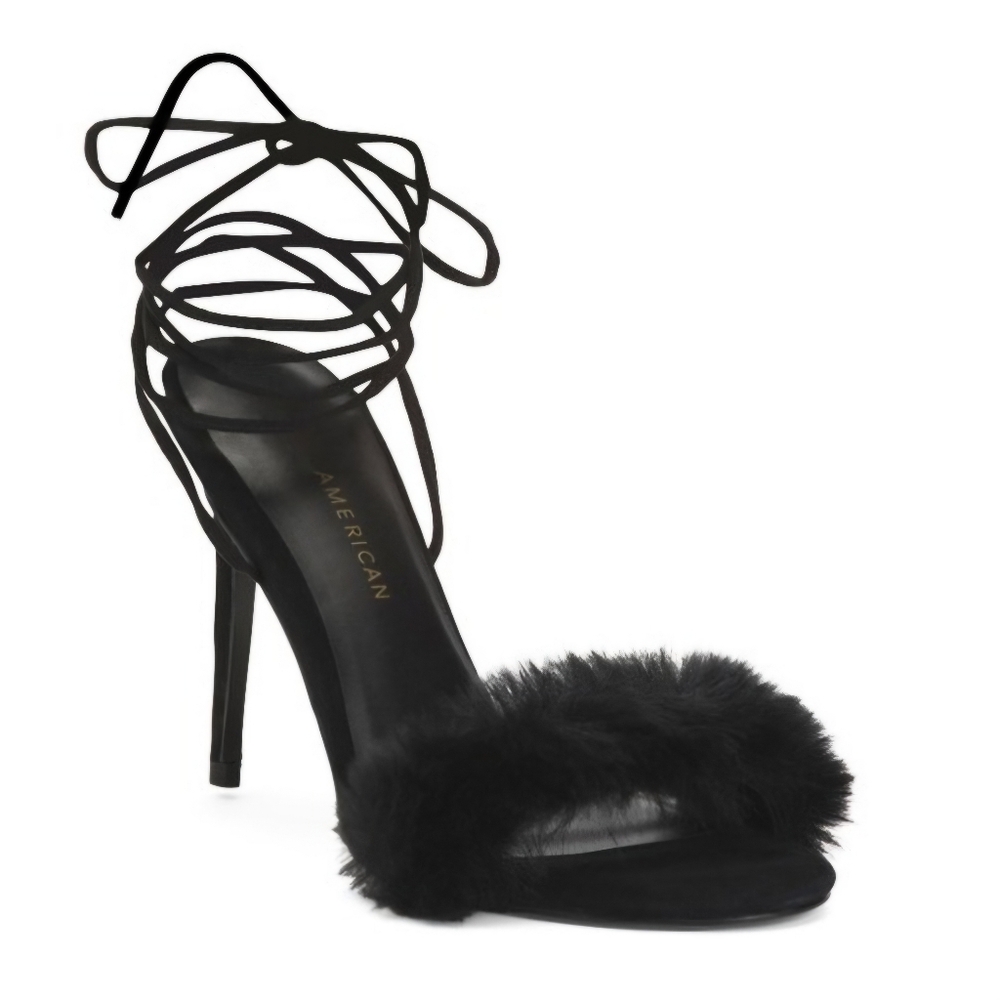 GOOD AMERICAN Black Strappy Faux Fur  Heeled Sandals